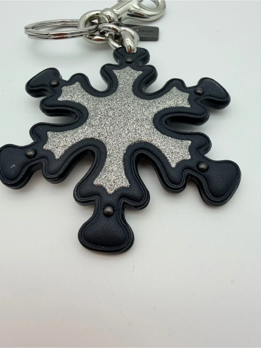 Coach Dark Navy  Leather Snowflake Keyring with Silver Glitter